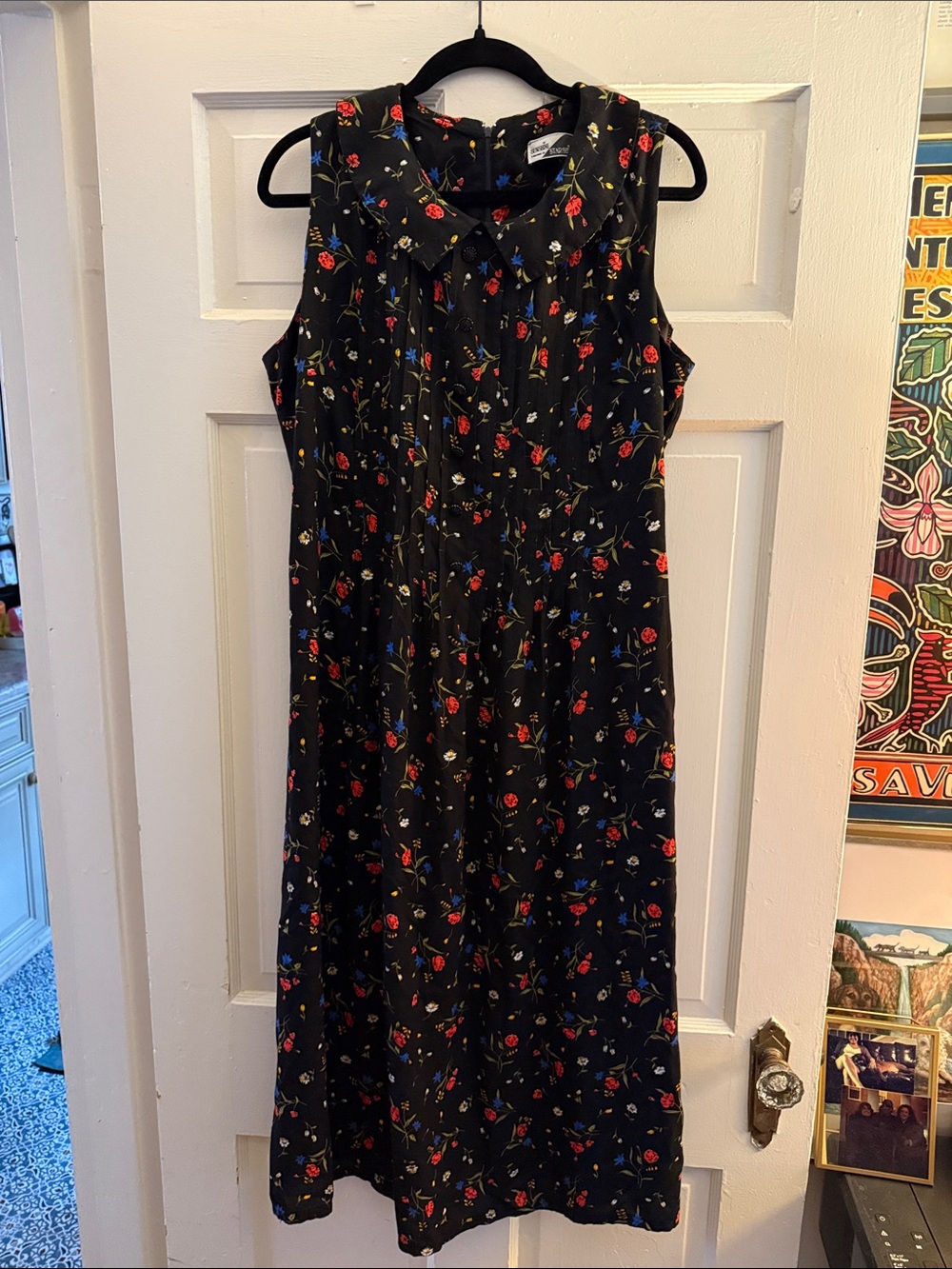Vintage Sunshine Starshine Sleeveless Black Midi Dress Floral Print